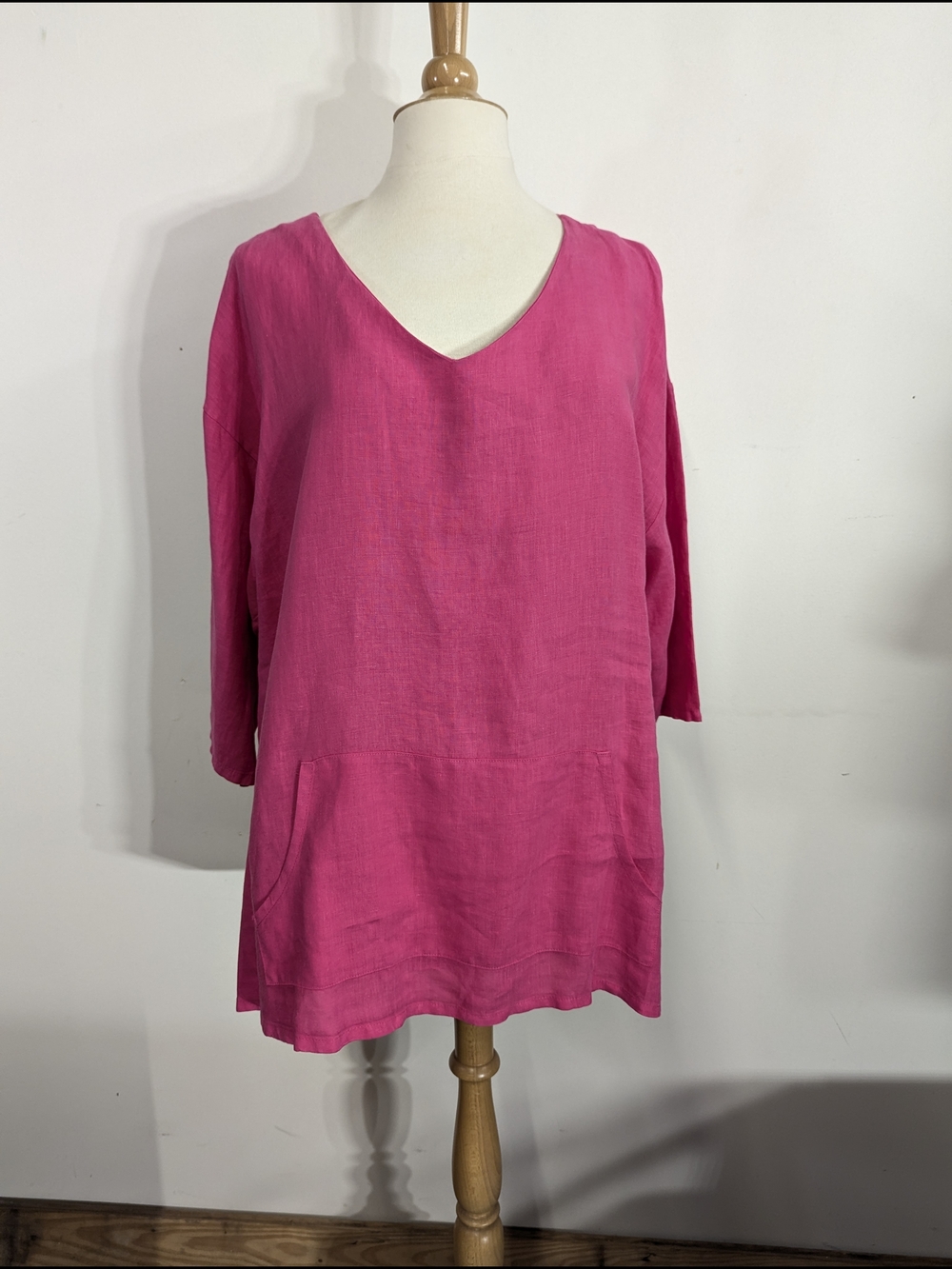 Bryn Walker Linen Fuchsia V-Neck Pocket Tunic Pink Summer Top L Oversized
